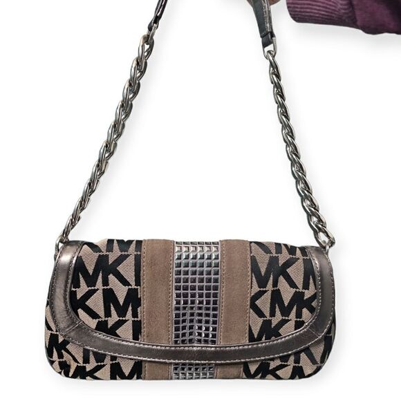 Michael Kors Signature MK Suede and Metal Stud Detail Clutch Shoulder Bag - Picture 10 of 14